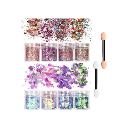 8 Mixta Colores Kit Glitter polvo de uñas 20 x Esponja de