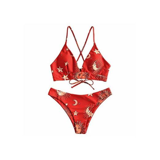 ZAFUL Bikini Set Triangular con Relleno Tirantes Anudados Cruzados en la Espalda