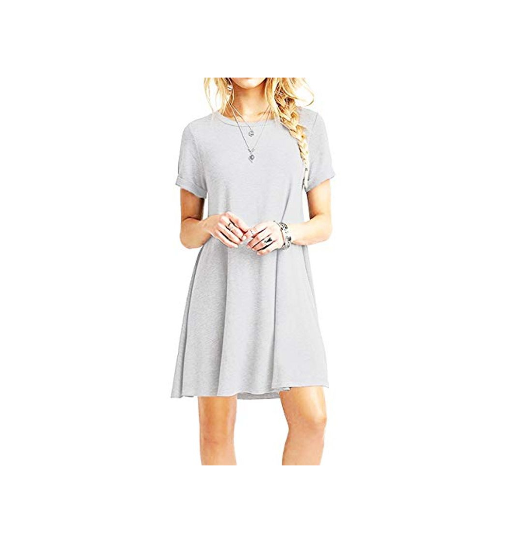 Moda YOUCHAN Vestidos Mujer de Camiseta Suelto Casual Cuello Redondo Ocasional Sólida Mini Vestido_Gris_S