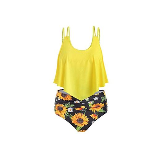 URIBAKY Conjunto Bikini Mujer Busto Bajo Color SóLido Top Plisado Y Ropa Interior Impresa Traje De BañO De Cintura Alta Dos Piezas Correas De Espagueti Traje De BañO Ropa De Playa