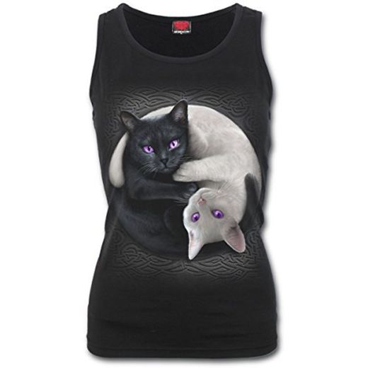 Spiral Direct Yin Yang Cats-Razor Back Top, Negro