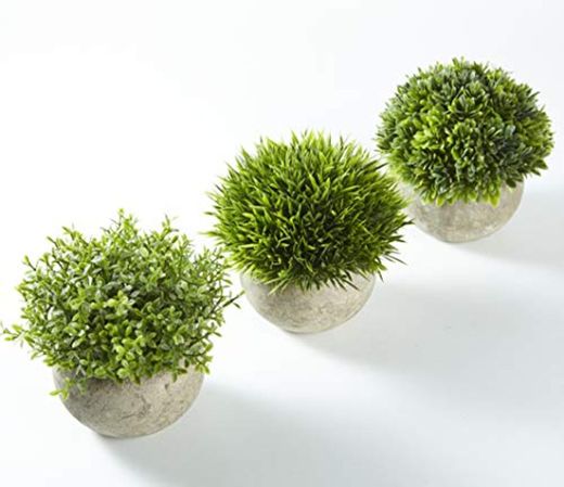 Jobary Set de 3 Plantas Artificiales con Césped Verde en Macetas Grises