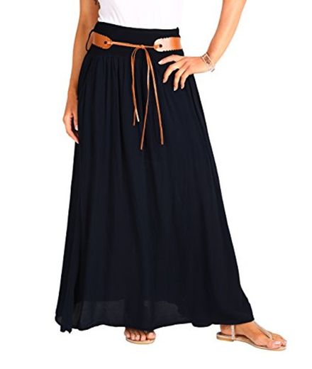 KRISP 4809-BLK-SM, Falda Larga Bohemia Elegante Plisada Hippie Cintura Elástica, Negro