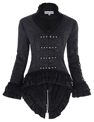 Belle Poque Mujeres Ropa Chaqueta Negra Decorada Gótica Chaqueta de Cola Dobladillo Floral XL 1#