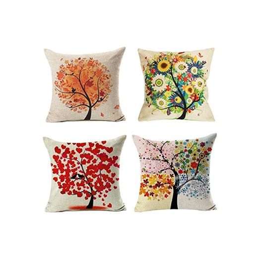 4 Pack Colorido Otoño Flor Árbol de Algodón de Lino Throw Pillow