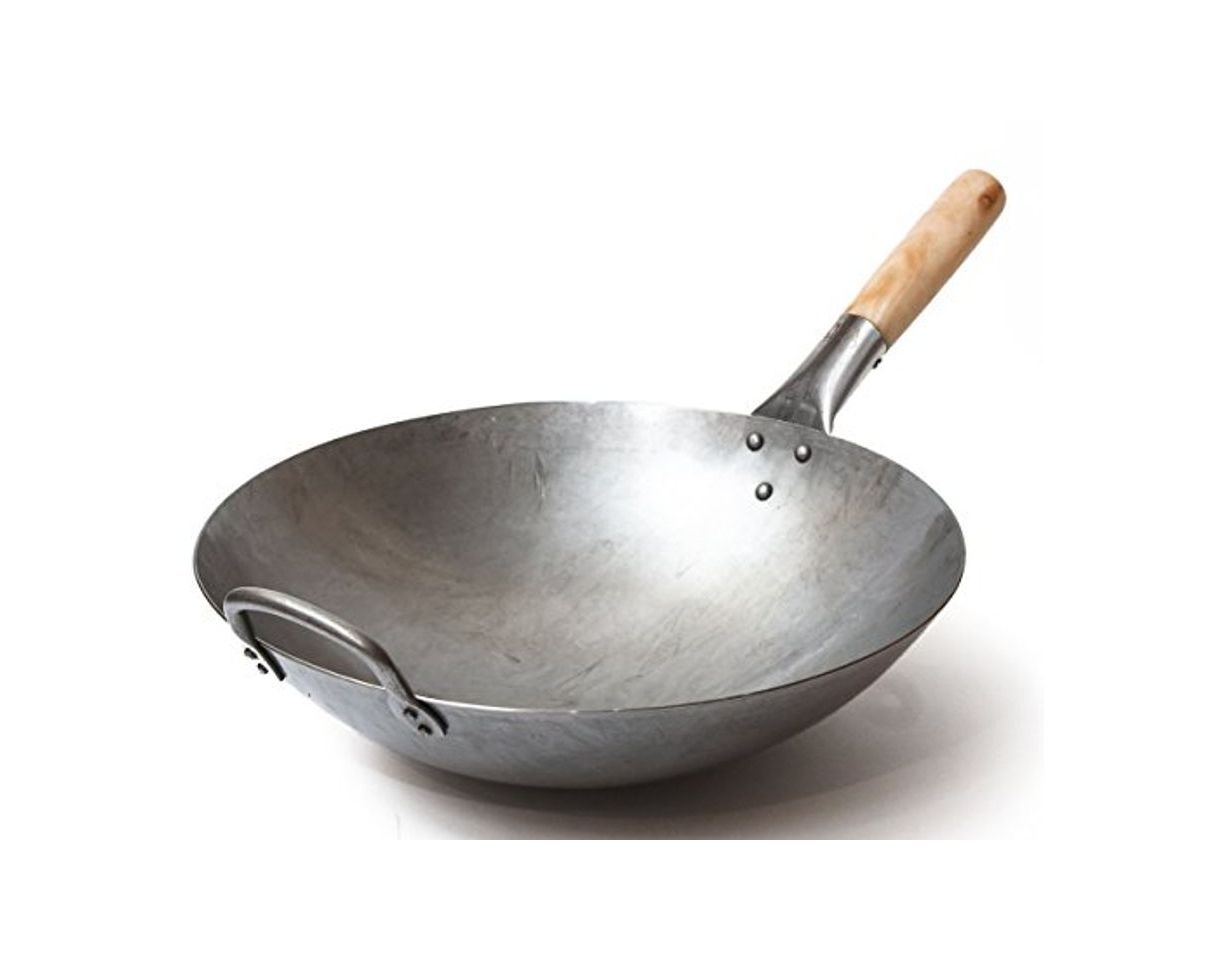 Product Wok tradicional de acero de carbono forjado a mano, con mango auxiliar