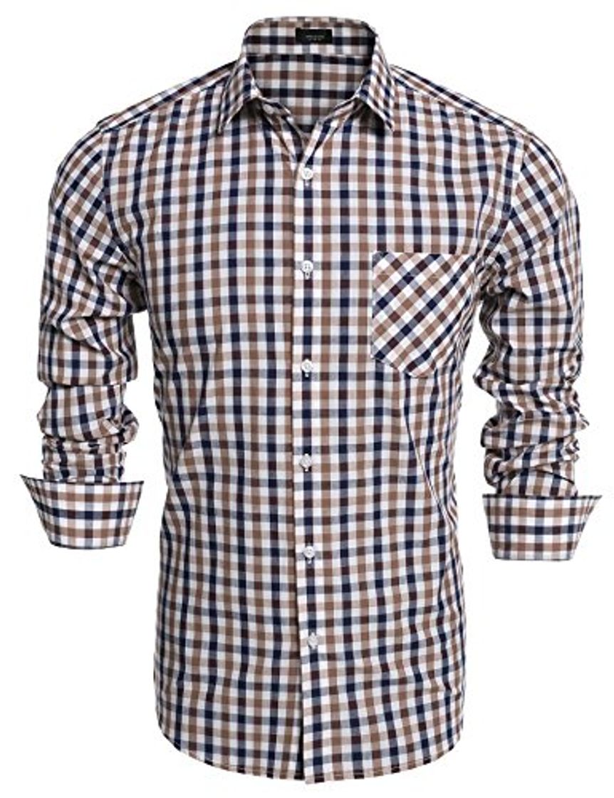 Productos Coofandy Camisa Basica a Cuadros Marrón Manga Larga para Hombre Talla