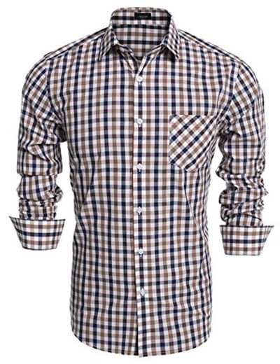 Coofandy Camisa Basica a Cuadros Marrón Manga Larga para Hombre Talla