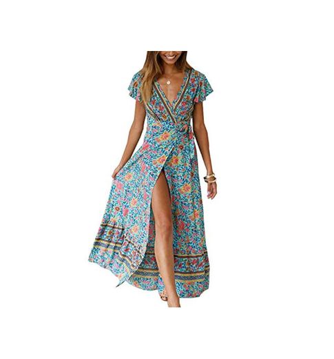 Abravo Mujer Vestido Bohemio Corto Florales Nacional Verano Vestido Casual Magas Cortas