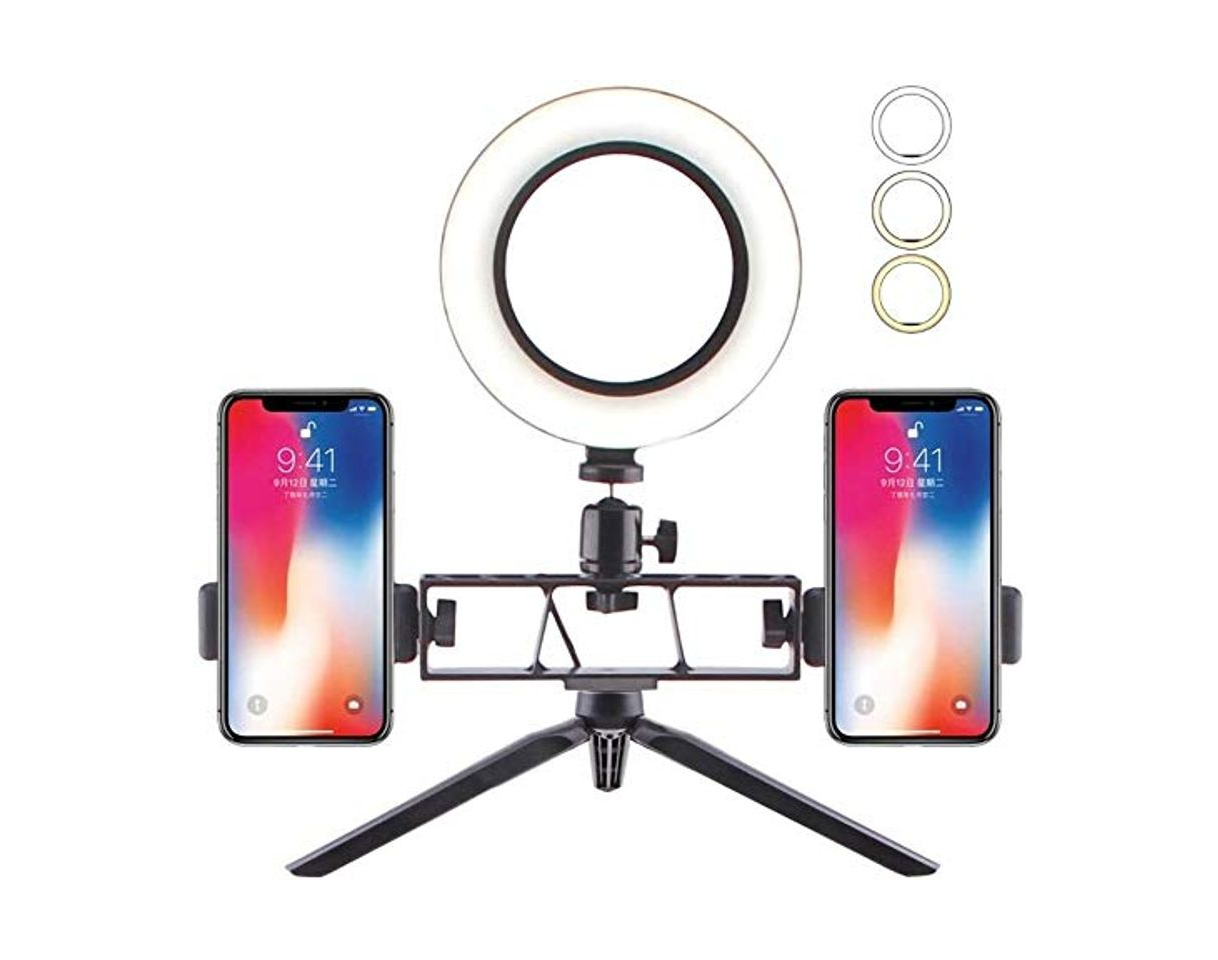 Producto Selfie anillo de luz con soporte para teléfono Luz del anillo con el trípode de la lámpara Mini luz LED de la cámara de escritorio Doble soporte for teléfono celular for vídeo y maquillaje en vivo Fot