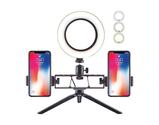 Selfie anillo de luz con soporte para teléfono Luz del anillo con el trípode de la lámpara Mini luz LED de la cámara de escritorio Doble soporte for teléfono celular for vídeo y maquillaje en vivo Fot