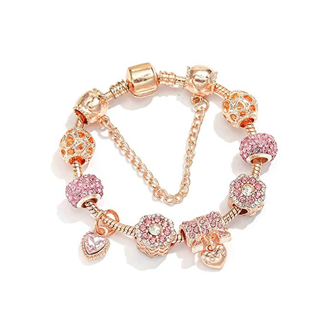 Social YGONG Pulseras y brazaletes con dijes de corazón de Cristal Pulseras de Cuentas de Color Dorado para Mujeres Joyas Pulseira Feminina 16cm Oro Rosa