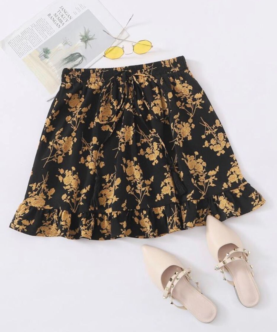 Products Drawstring Waist Ruffle Hem Floral Skirt