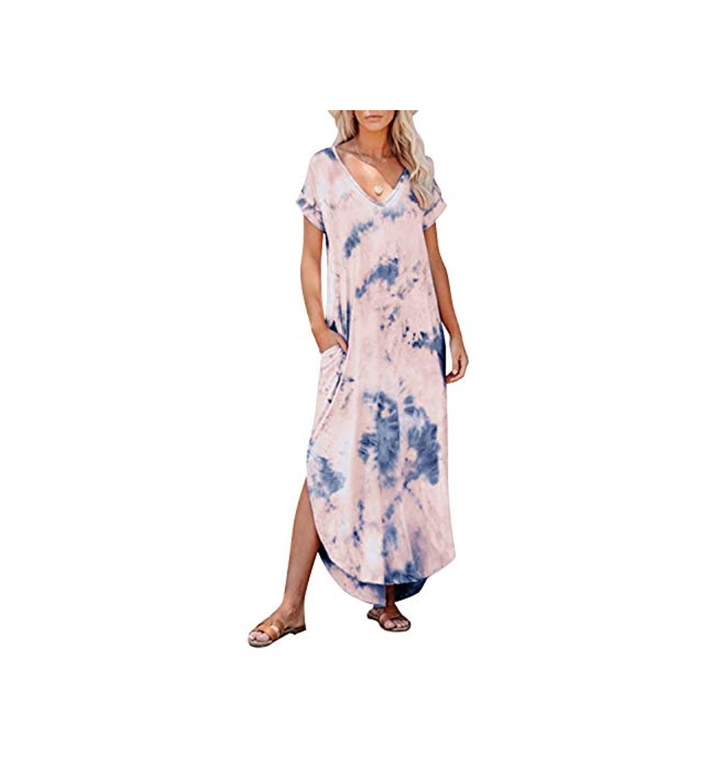 Fashion Kidsform Vestidos Mujer Casual Playa Largos Verano Tie Dye Vestido Boho Hendidura Falda Larga Maxi Vestido Playeros Rosado L