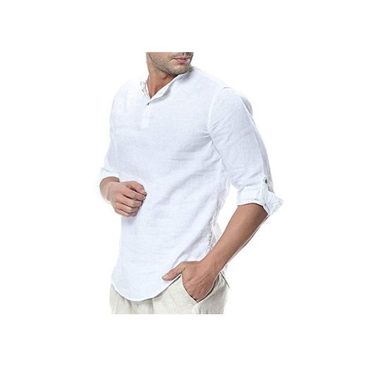 Minetom Camisa Hombre Cuello Mao Lino Blusa Manga 3