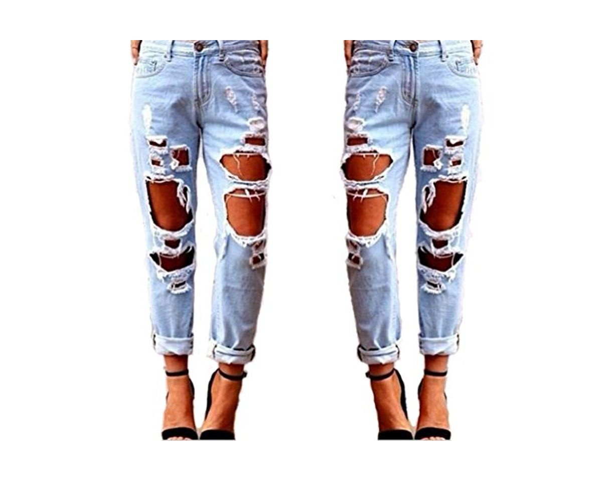 TieNew Mujer Jeans Skinny Pantalones Rotos Flacos Vaqueros Azul Cintura