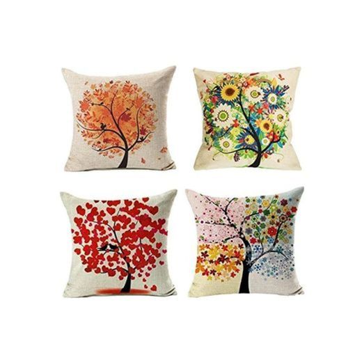 4 Pack Colorido Otoño Flor Árbol de Algodón de Lino Throw Pillow