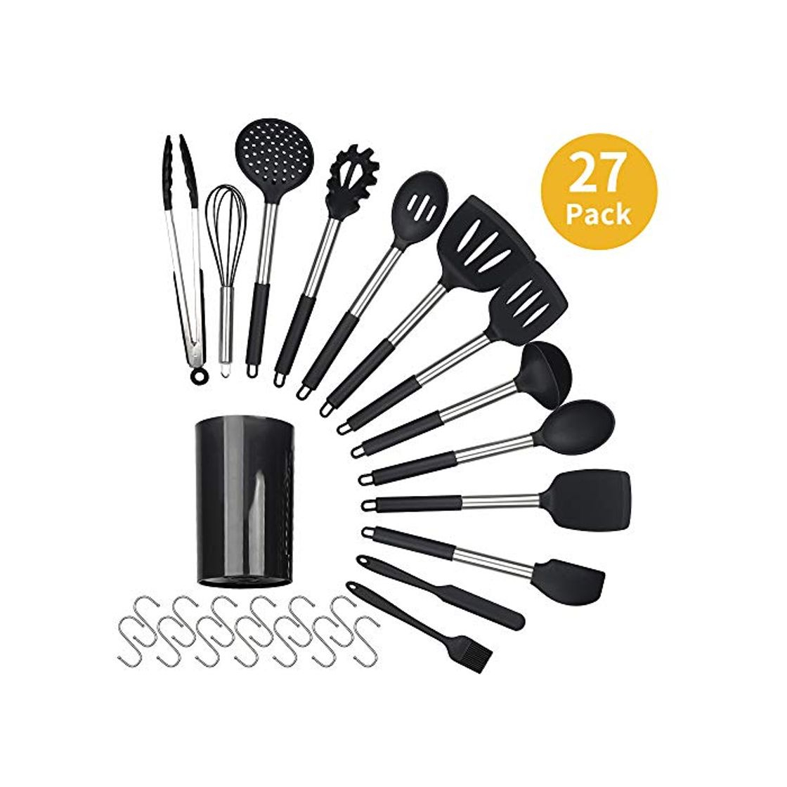 Social Juego de Utensilios de Cocina Silicona 27 uds Utensilios de Cocina de Cocina Antiadherentes Resistentes al Calor Herramientas antiadherentes para Hornear en la Cocina 14 Juegos y 13 Ganchos S Negro