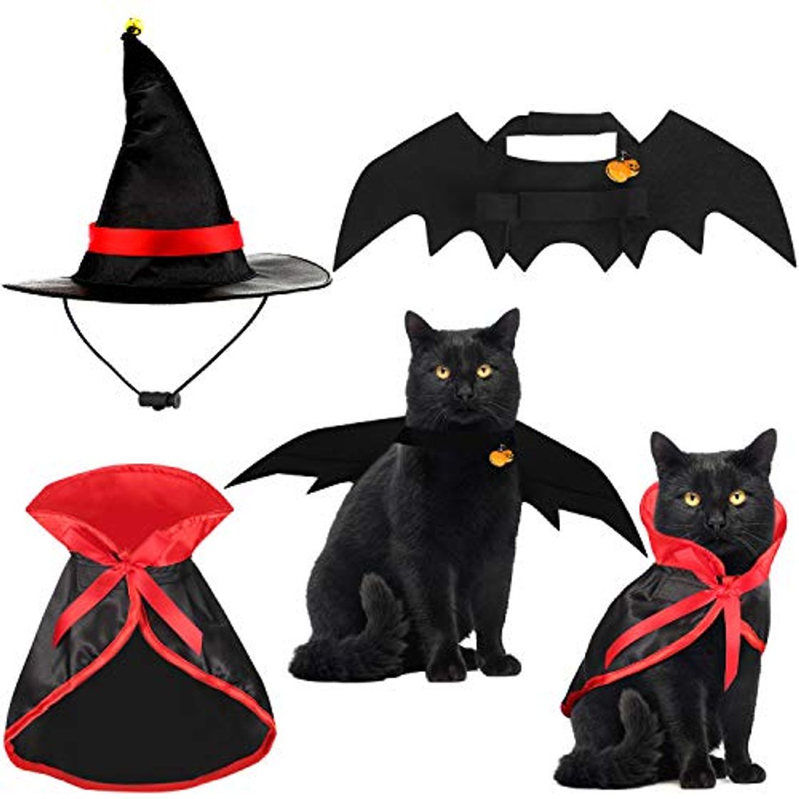 Productos 5 Piezas Disfraz para Gato de Halloween Alas de Disfraz de Murciélago Capa de Gato Sombrero de Mago con Campanas de Calabaza para Disfraz de Mascota de Halloween