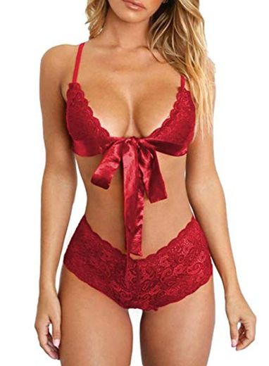 FOBEXISS Women Sexy Lace Bra and Panty Romantic Love Red Bralette Lingerie Set 2 Piece Babydoll Bodysuit Negligees