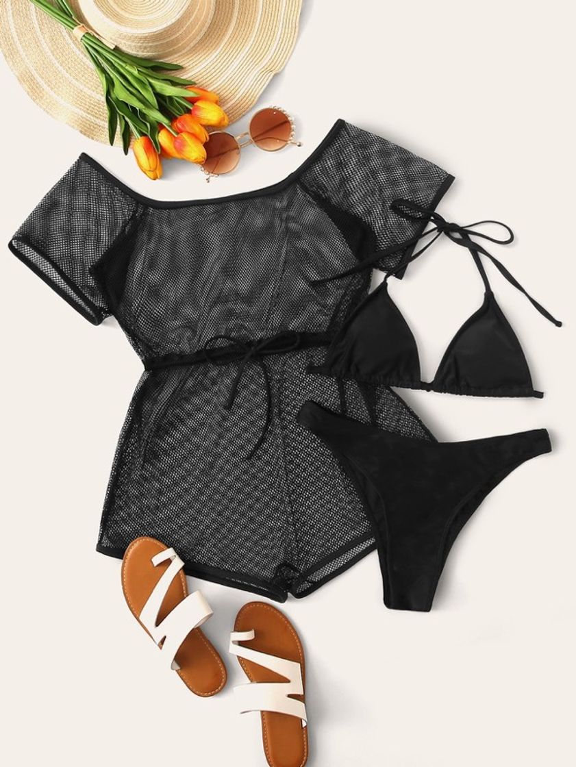 Social 3 paquetes set de bikini con malla halter triángulo
