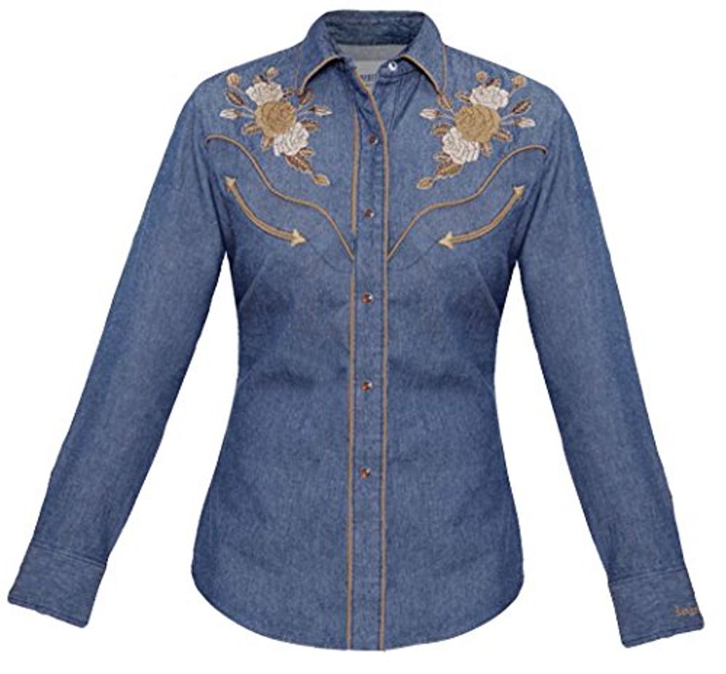 Fashion Modestone Women's Embroidered Long Sleeved Fitted Western Camisa Vaquera Floral Denim Blue L