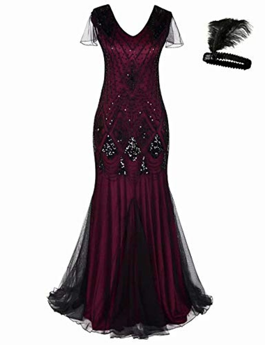 Product Women 1920s Gatsby Flapper Dress Long Prom Gown Beaded Sequin Mermaid Hem