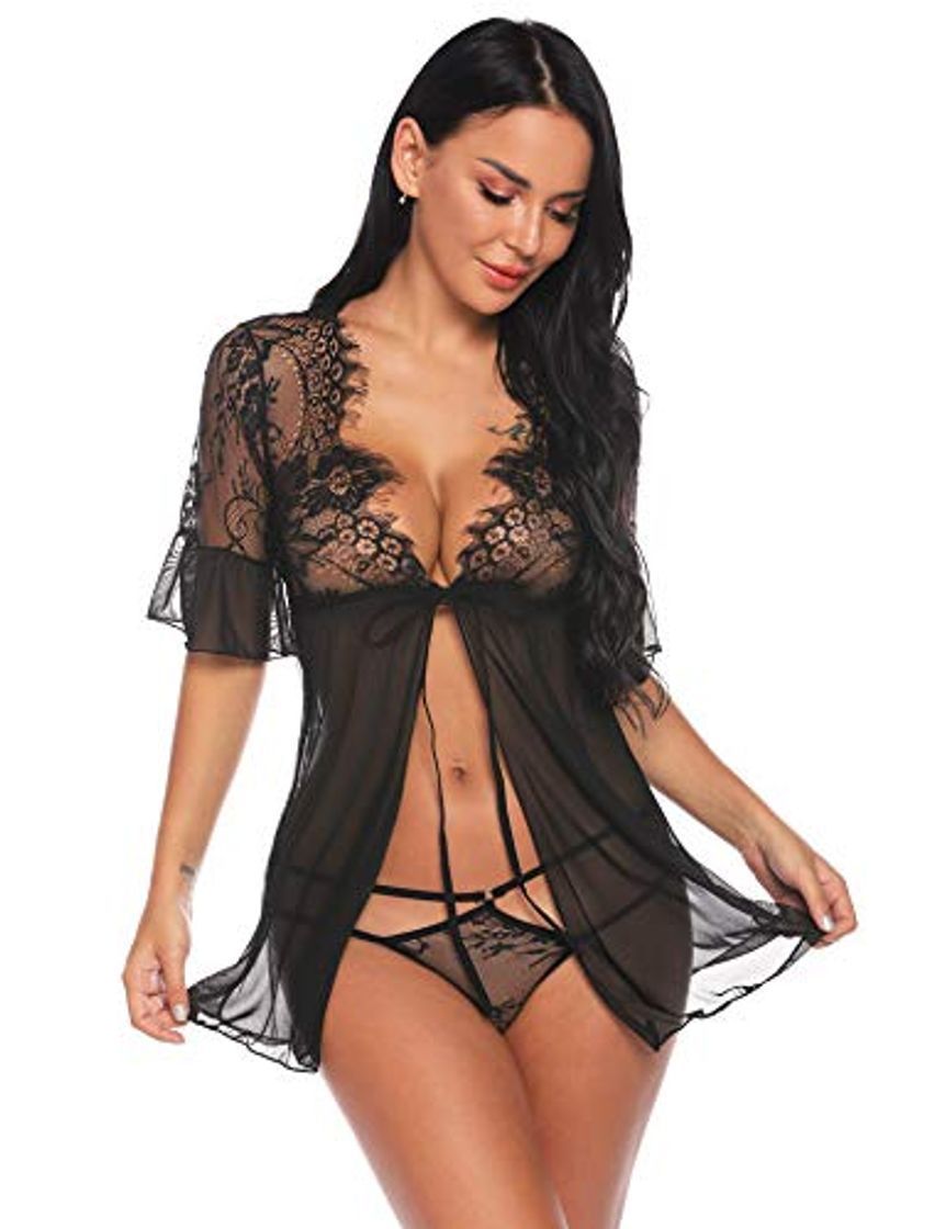 Social Sykooria Conjunto de Lencería Sexy para Mujer Pestaña Babydoll Frente Abierto Camisón de Encaje Floral Chaquetas Vestidos Malla Transparente Malla de Encaje de Media Manga