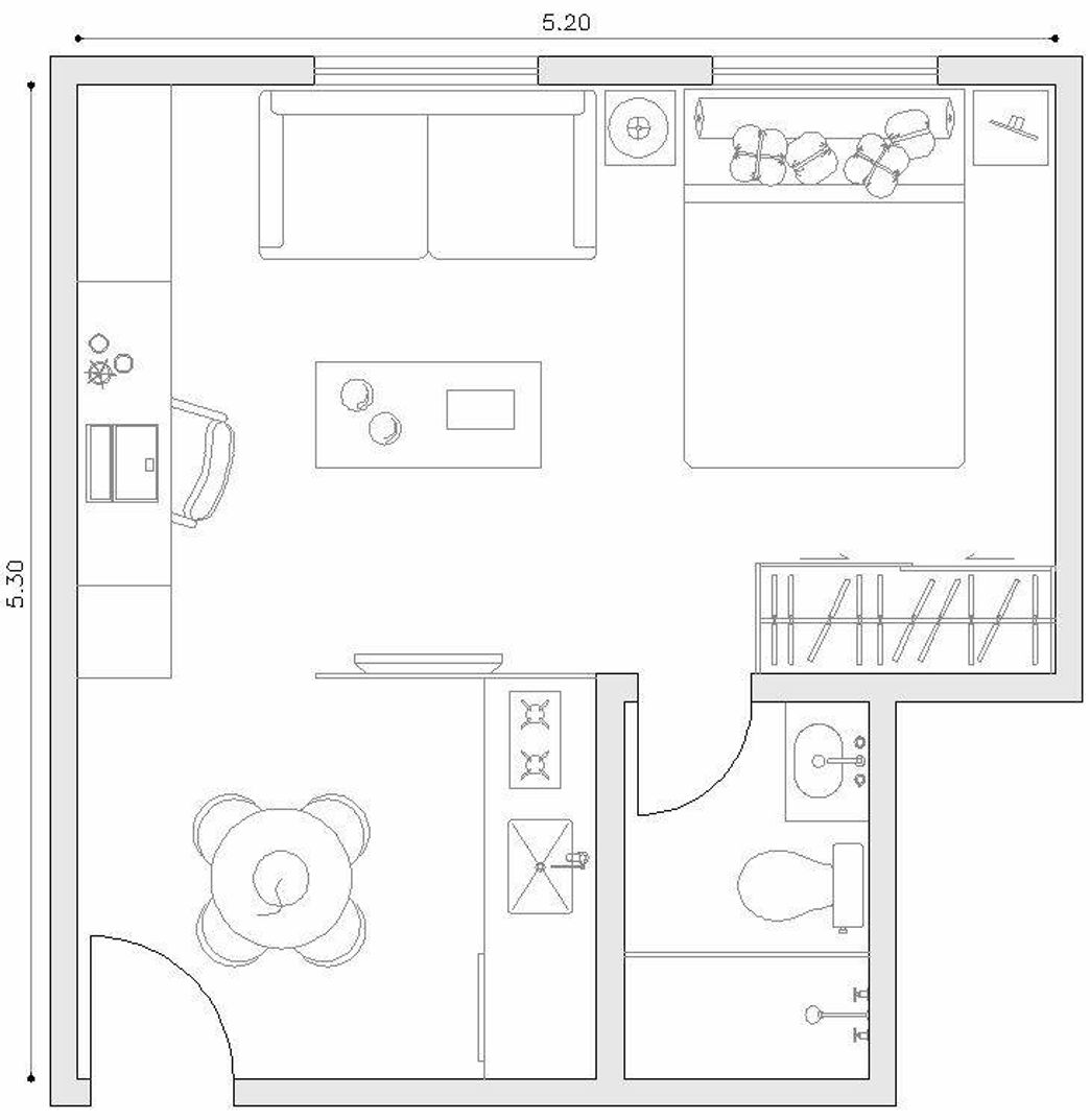 Moda Planta baixa, um quarto, banheiro, cozinha, sala