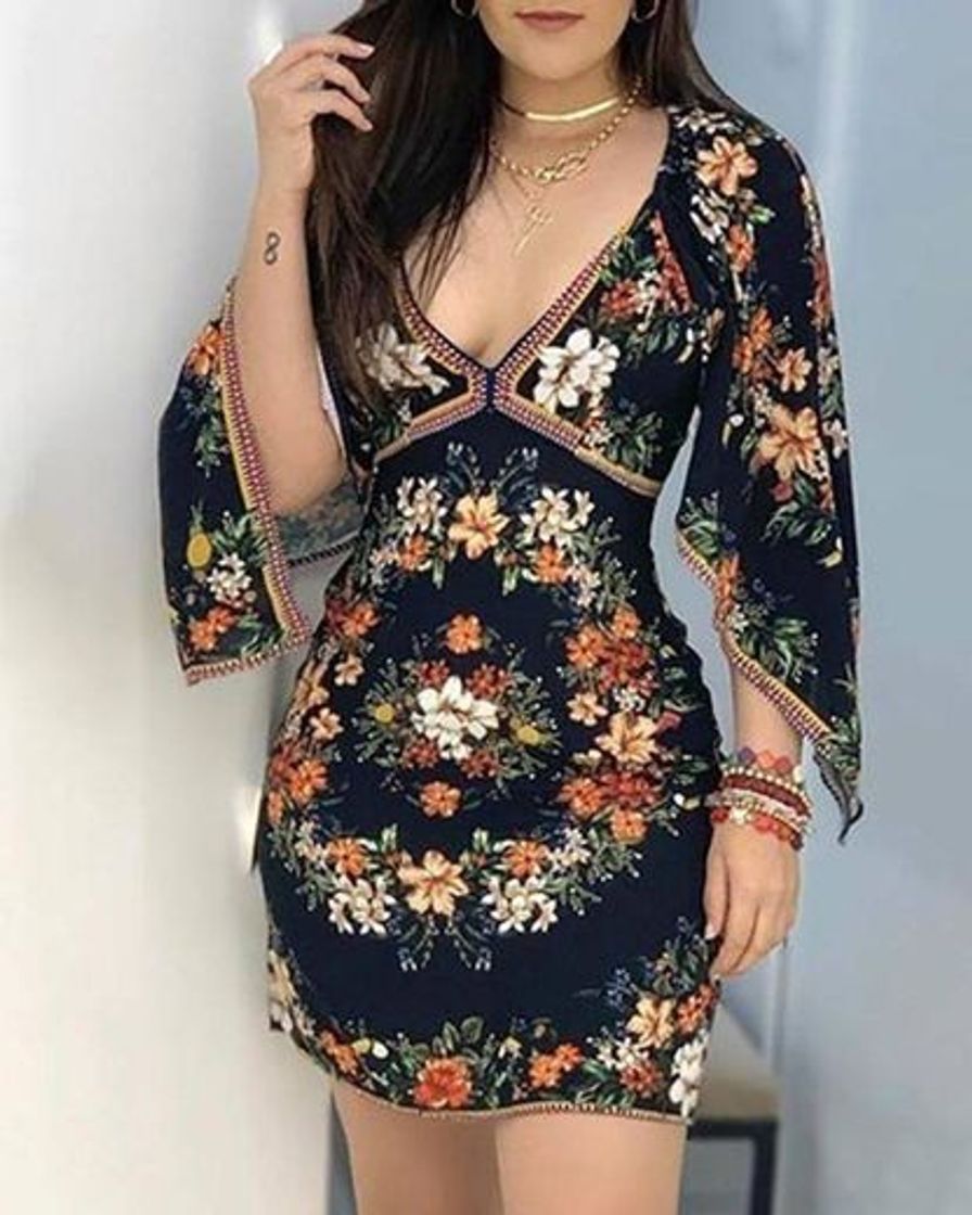 Fashion Vestido ajustado de manga larga con estampado floral