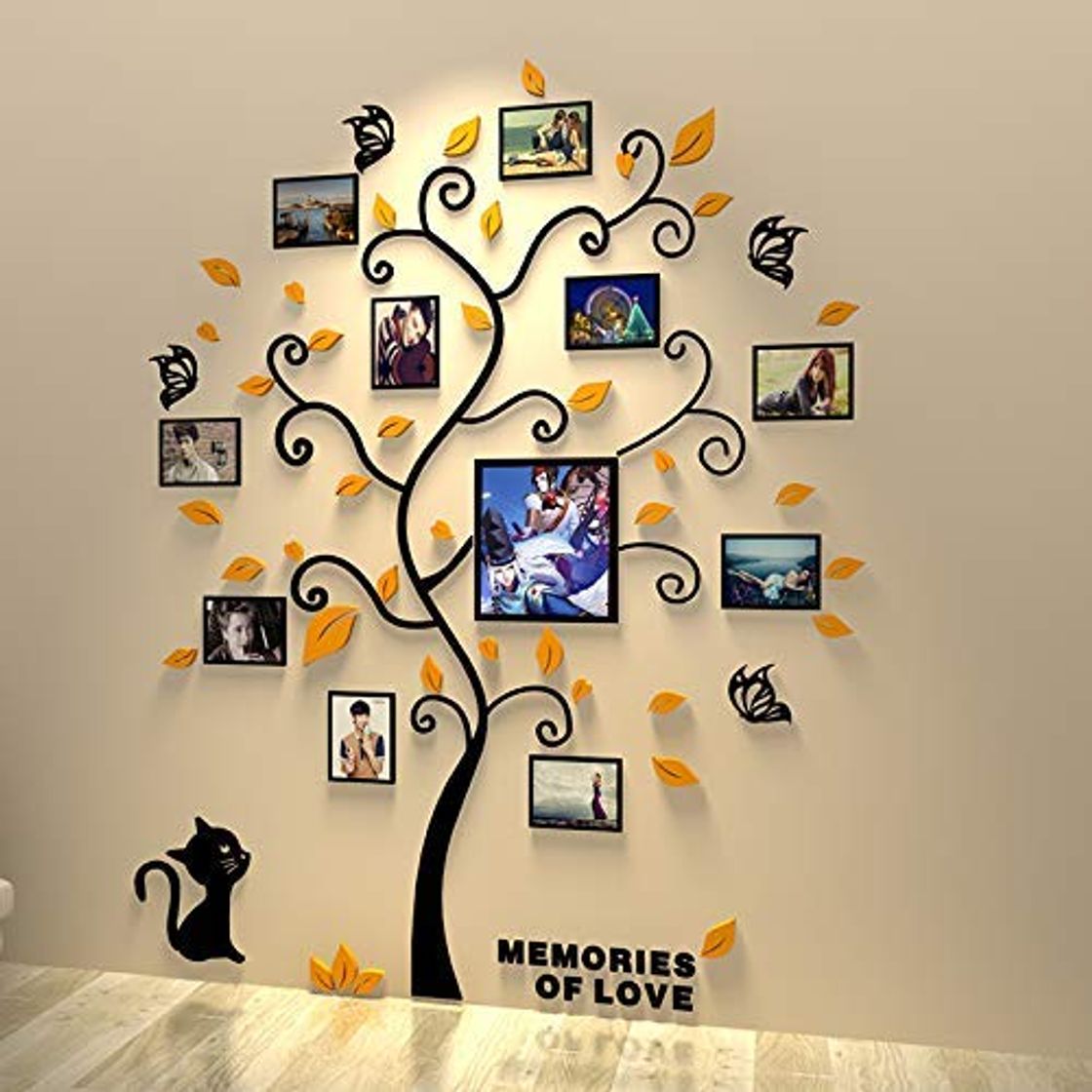 Product Alicemall 3D Pegatina de Árbol Vinilos Hojas Amarillos 132 * 160 cm con 11 pcs Marcos de Foto Adhesivo Decorativo de Pared para Dormitorio Hogar Oficina