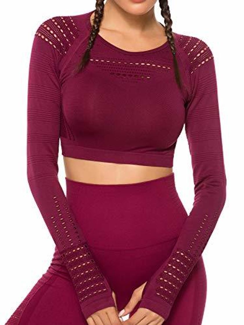 Social Tops Yoga Camiseta Deportiva Sin Costura Mangas Larga Fitness Mujer Gimnasio2240 Rojo