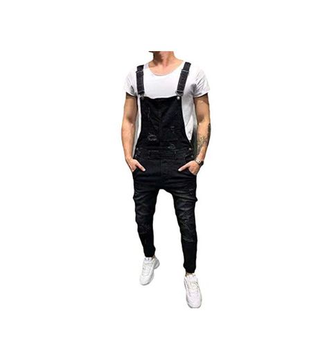 AnyuA Hombres Mono Pantalones Rotos Vaqueros Hippie Overol de Mezclilla Deportivos con Bolsillos Jeans Pantalón Overalls Negro M