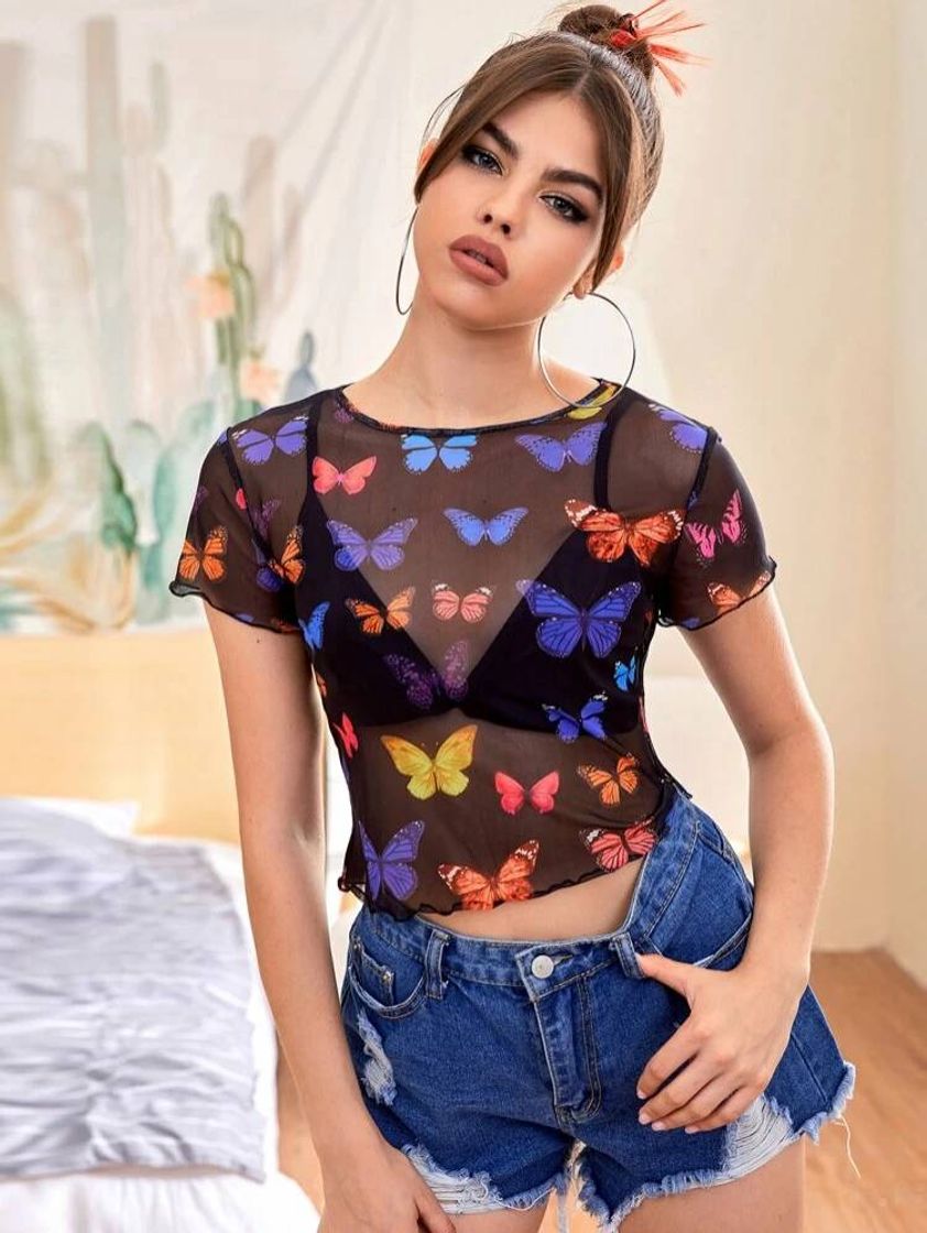 Fashion Lettuce Trim Butterfly Print Sheer Mesh Top Without Bra | SHEIN USA