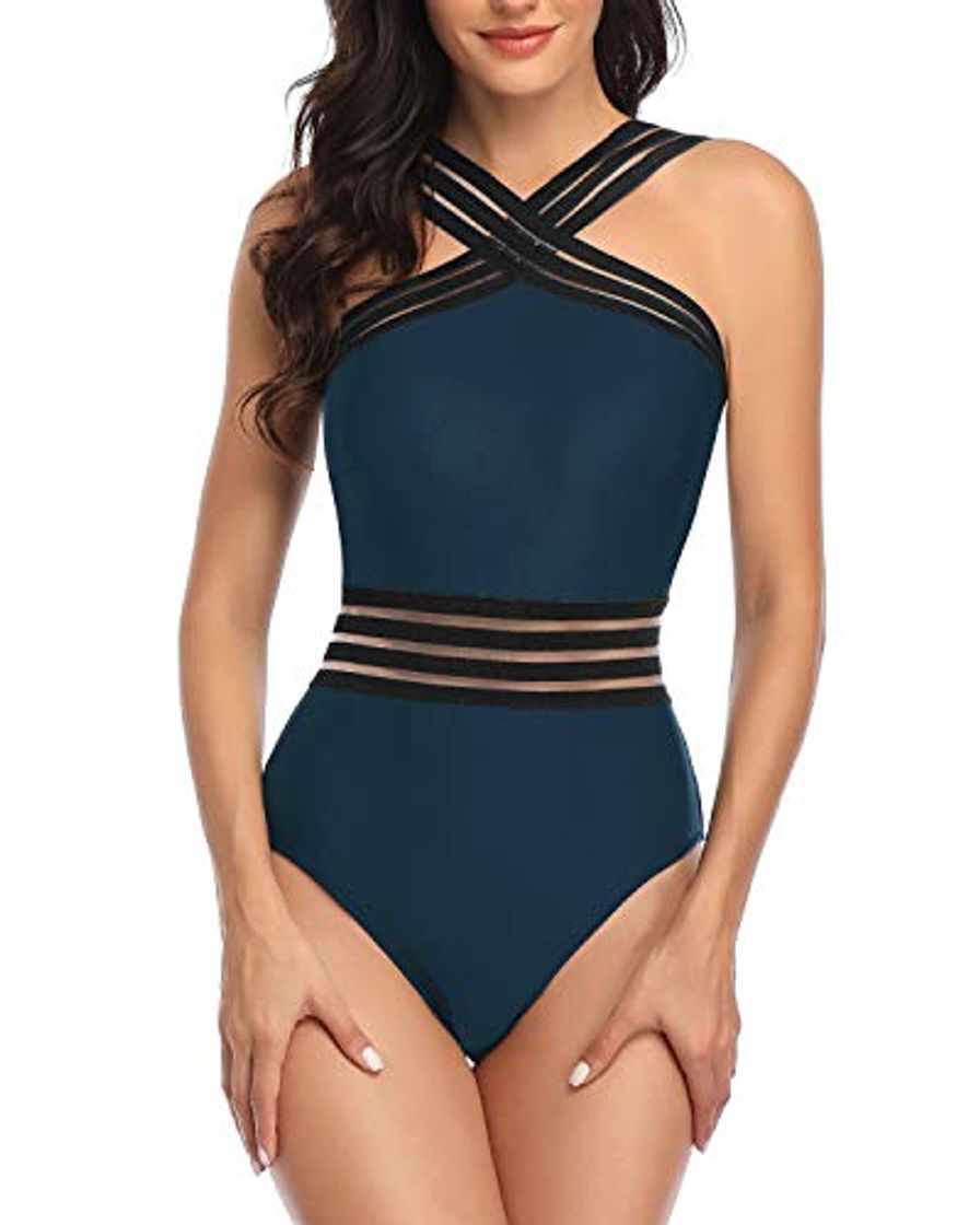 Fashion Traje de baño Tempt Me para mujer de una pieza de cuello alto de malla fruncido traje de baño para mujer Morado añil L