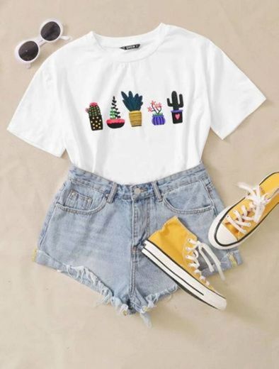 Shein Branco Plants Ocasional Camiseta