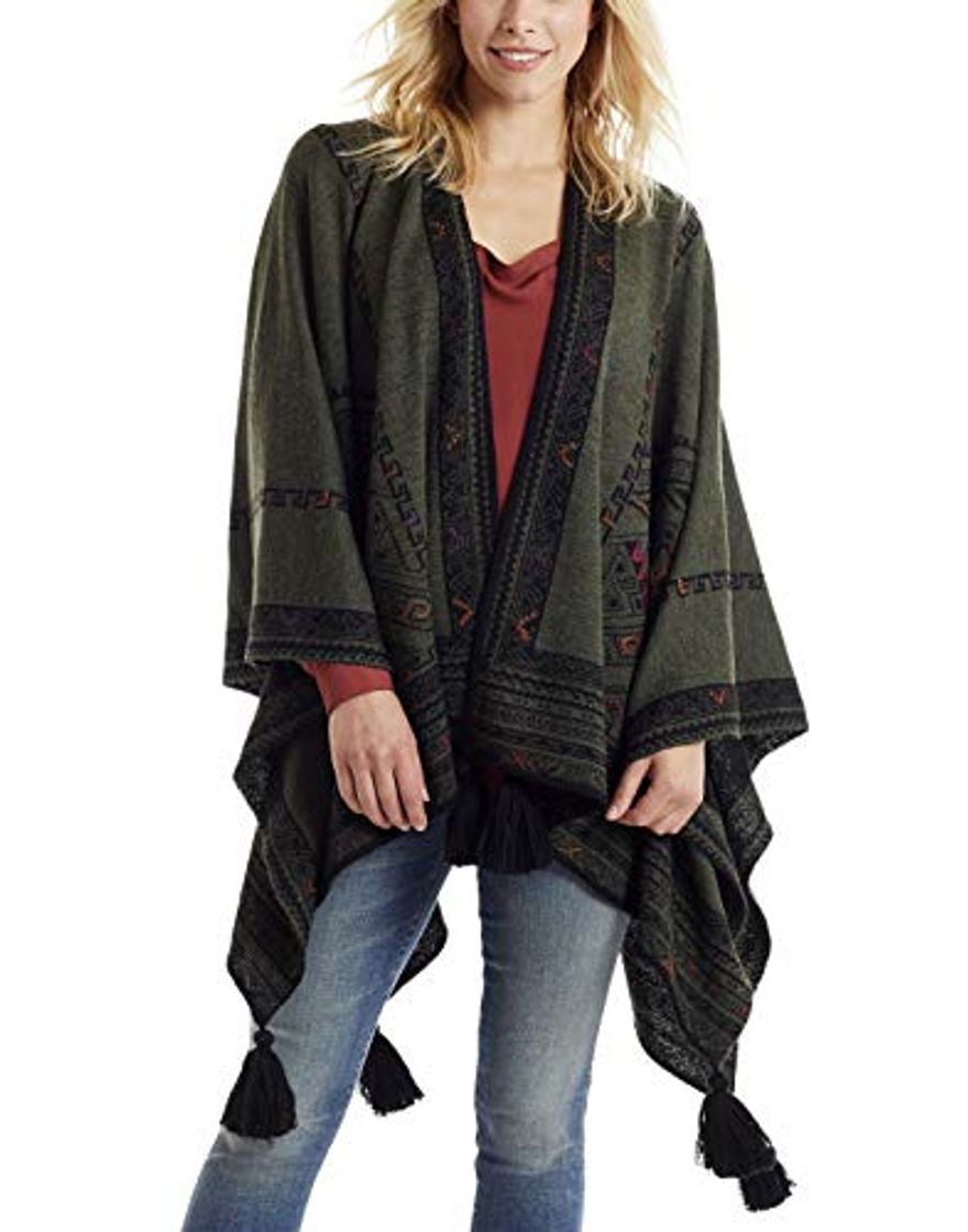 Moda Invisible World Poncho Invierno Reversible Lana de Alpaca Bebé Capa para Fiestas Invierno Ruana Abrigo Abierto de Punto para Mujer Kilim Verde