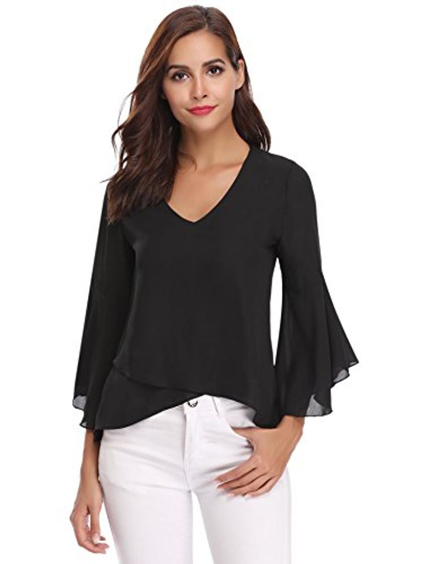 Moda Abollria Camisa Elegante para Mujer Mangas Largas y Cuello V Blusa Ligera