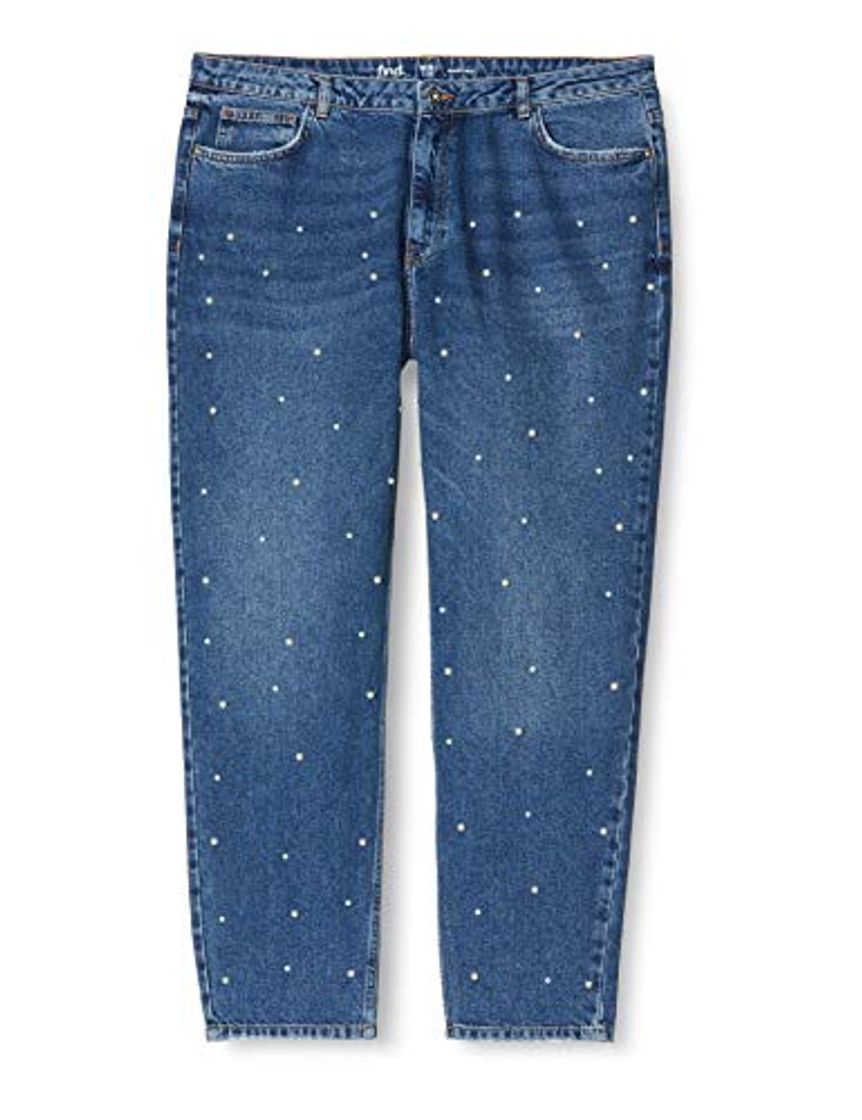 Moda Marca Amazon - find. Vaqueros Straight con Perlas Mujer, Azul