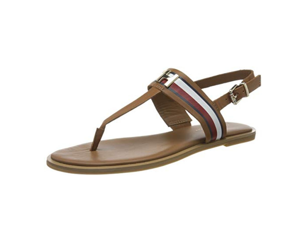 Moda Tommy Hilfiger Corporate Leather Flat Sandal, Sandalias con Punta Abierta para Mujer,