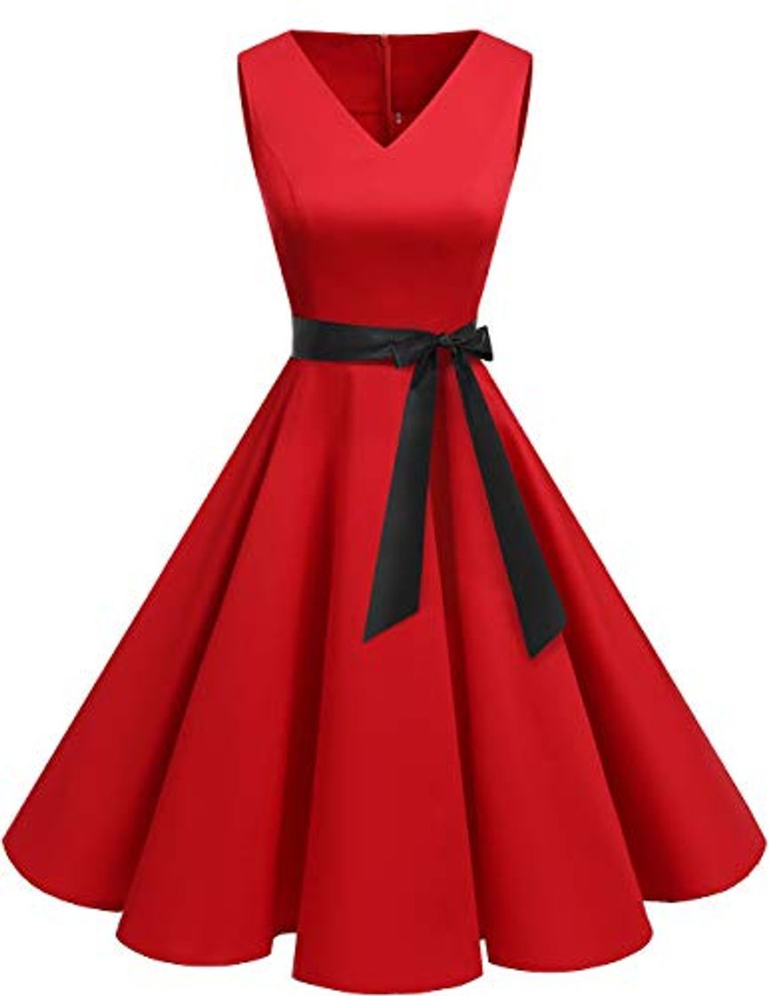 Moda Bridesmay Vestido de Cóctel Fiesta Mujer Verano Años 50 Vintage Rockabilly Sin Mangas Pin Up Red L