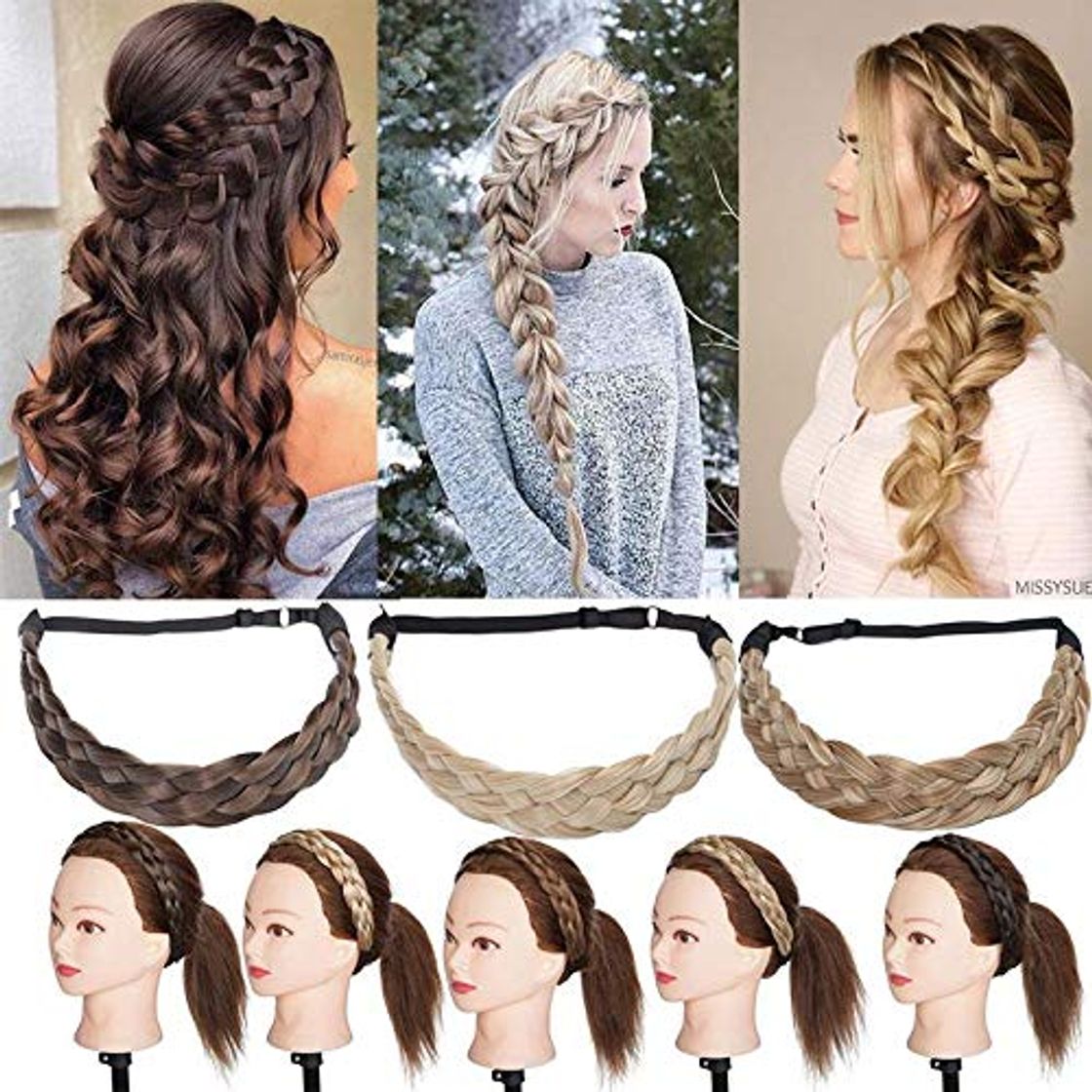 Moda SEGO Diadema Trenza Elástica Mujer Pelo Trenzado Sintético Se Ve Natural [Castaño