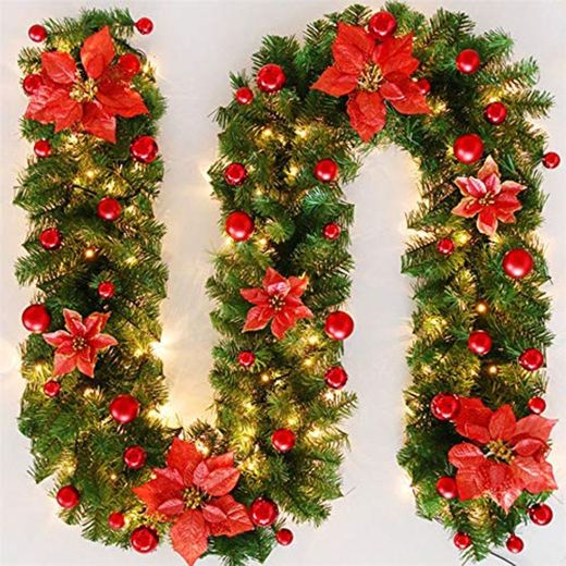 Wovatech Guirnalda navideña Decorada preiluminada-Decoración navideña de Bolas de Flores con luz