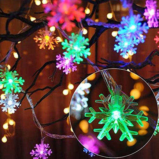 AndThere Cadena de Luces Guirnalda Luces 6M 40 LED Copo de Nieve Cadena de Luz Pilas Luces Navideñas Luces de Hadas de Copo de Nieve Impermeable para Decoración Interior Jardines Boda Fiesta Navidad