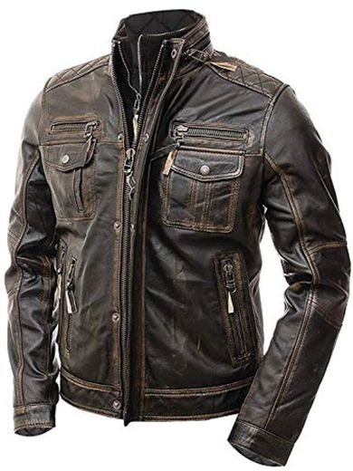DHA Leather Garments Chaqueta de Cuero Real para Motociclista para Hombre Biker