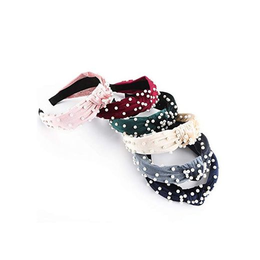 Diademas De Perlas- 6Pcs Makone Top Knot Velvet Headband Con Pearl Elastic