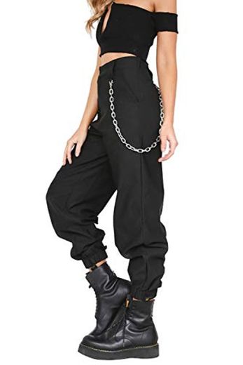 Pantalon con Cadena y Bolsillos Mujer Retro Boyfriend Pantalone Chandal Cargo Baggy