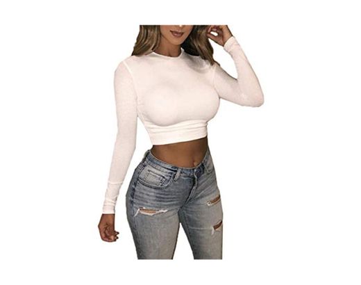 OUFour Otoño Invierno Mujeres Slim Crop Tops Casual Camisetas de Manga Larga