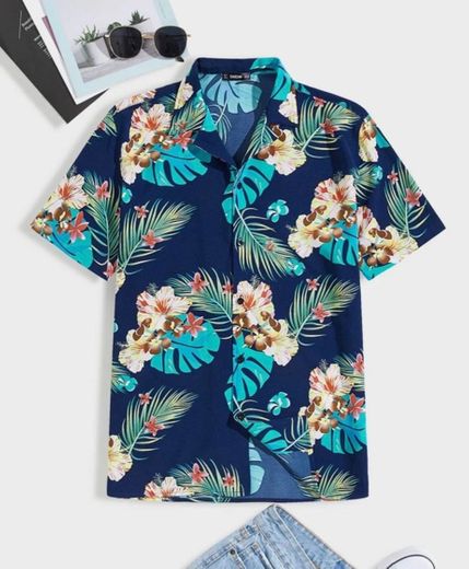 Camisa con estampado tropical de cuello V 