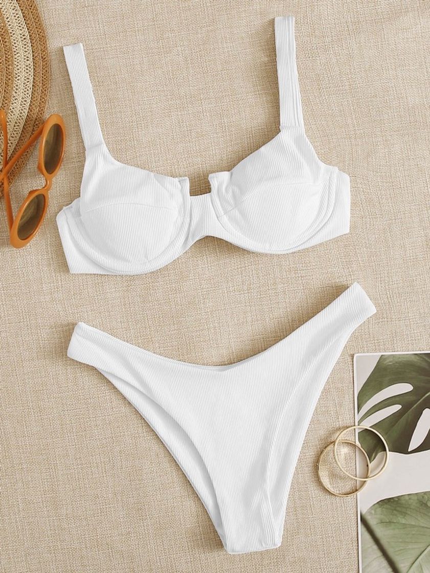 Fashion Bikini corte alto canalé blanco